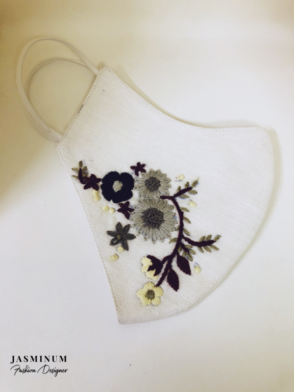 White Embroidered Motif Linen Face Mask