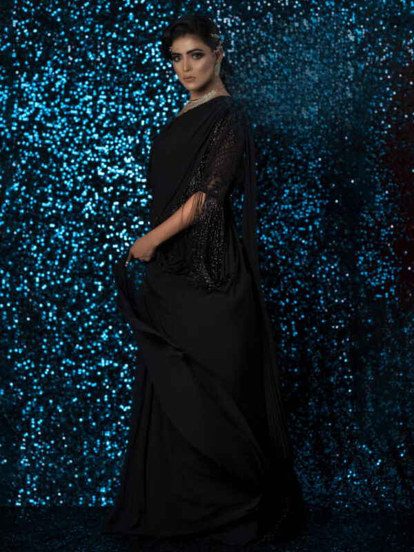 Black Lycra Maxi With Glass Beads Embroidery