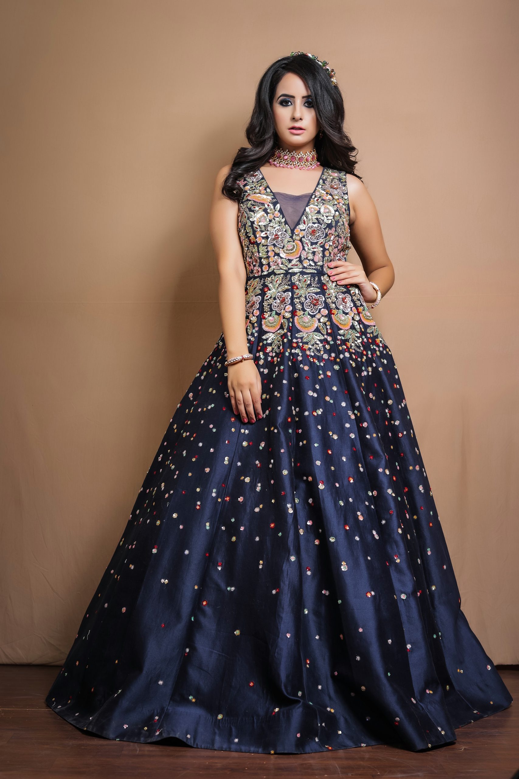 Deep blue shimmer full sleeves gown by Zari Jaipur