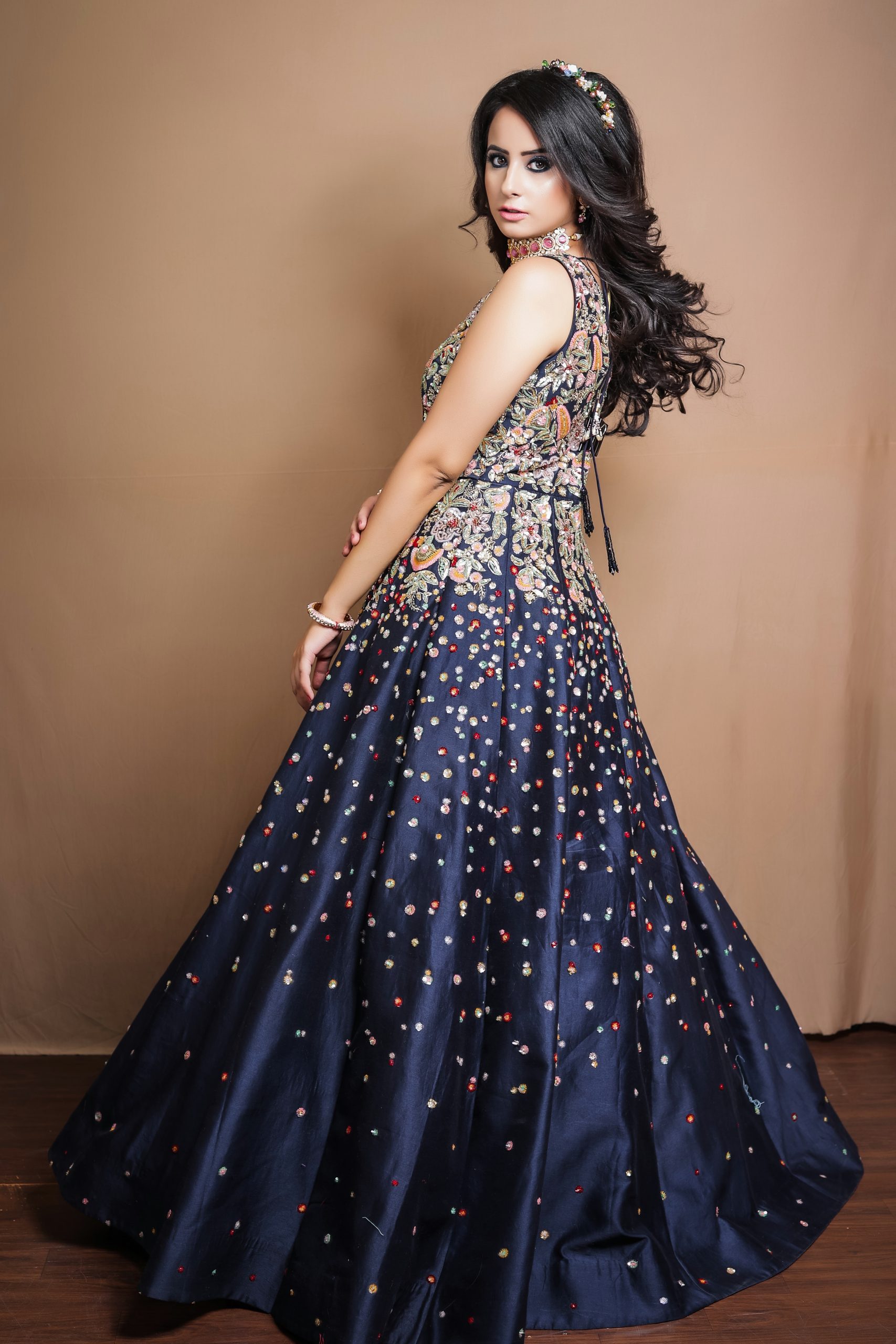Embroidery Navy Blue Printed Fancy Gown | Latest Kurti Designs