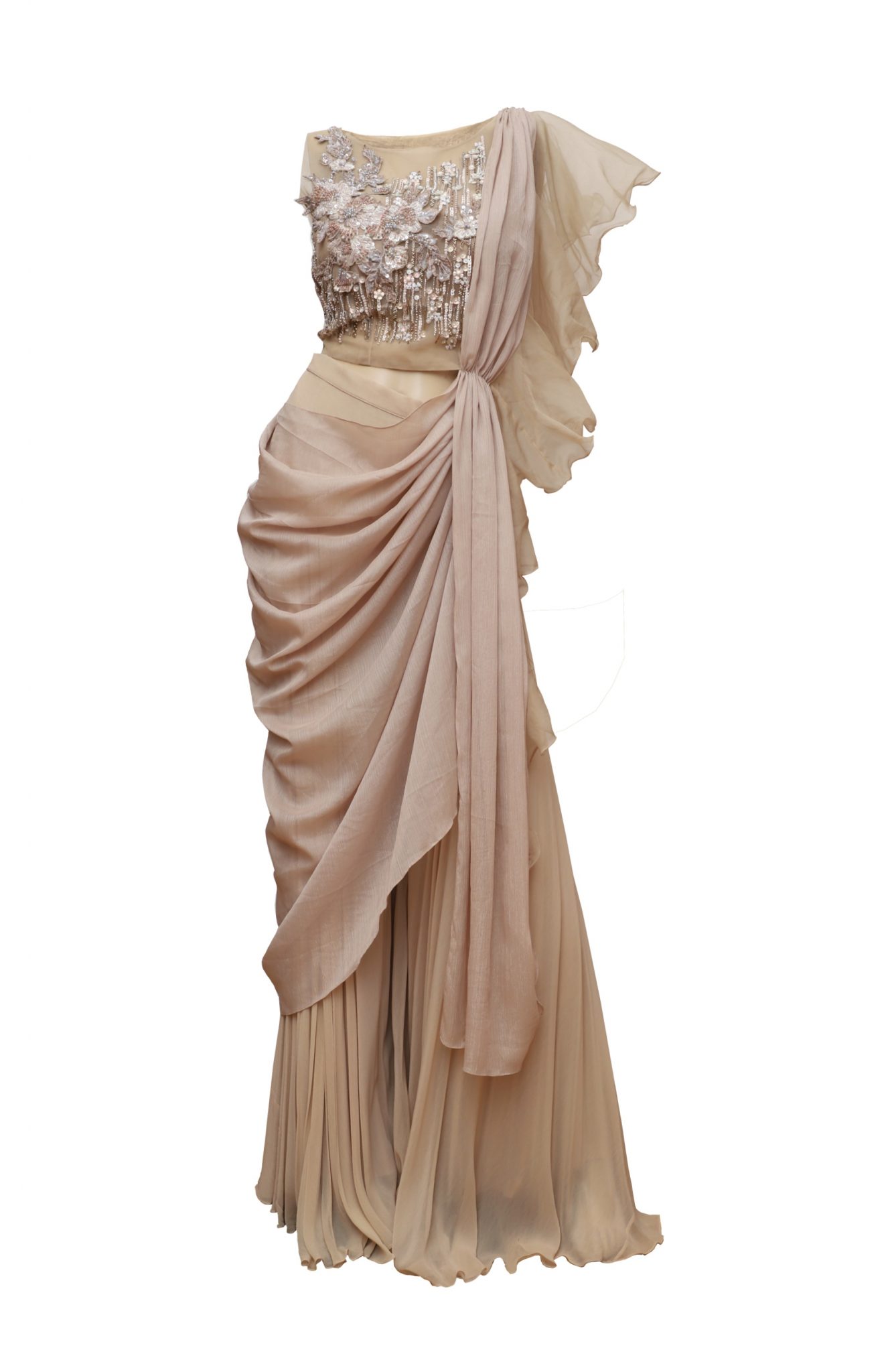 Beige Draped Sharara Saree – Jasminum