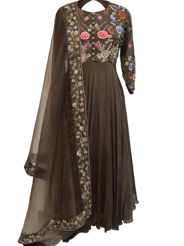 Olive Green Anarkali With Multicoloured Embroidery