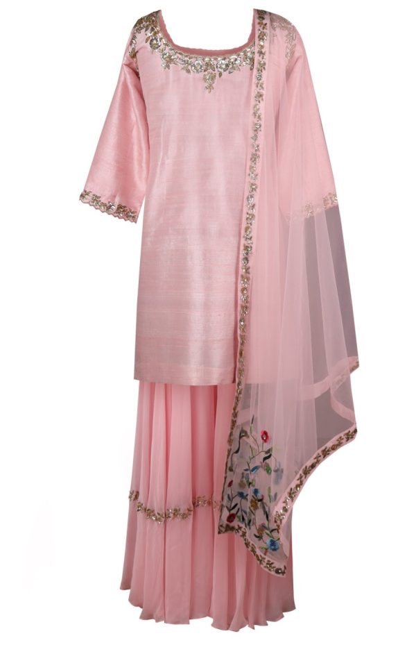 Blush Raw Silk Short Shirt With Embroidered Sharara - Image 2