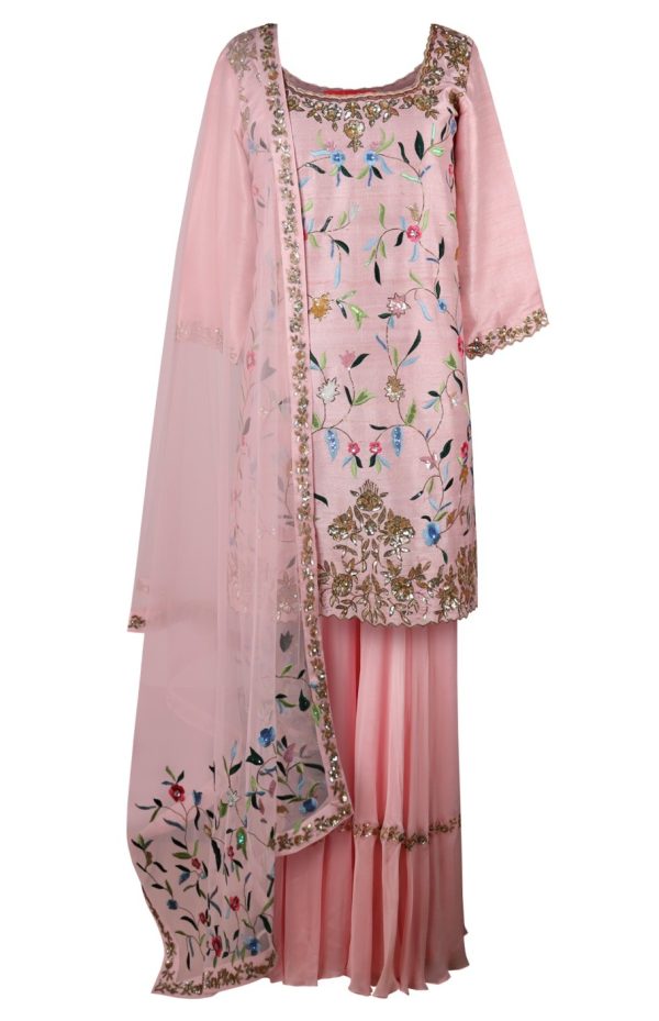 Blush Raw Silk Short Shirt With Embroidered Sharara