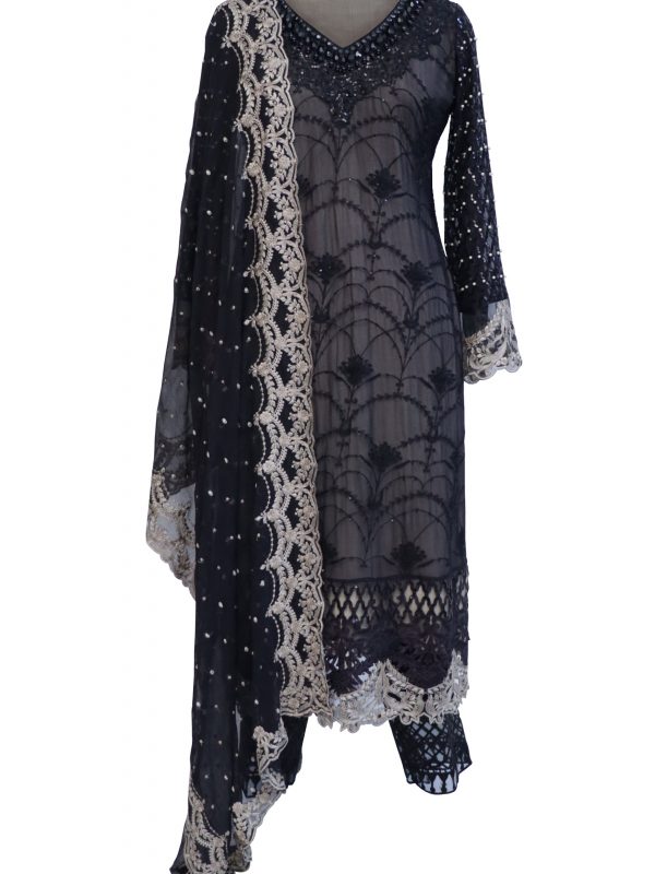 Black Chiffon Embroidered Suit