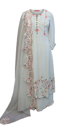 Mint Green Georgette Suit With Scalloped Embroidery