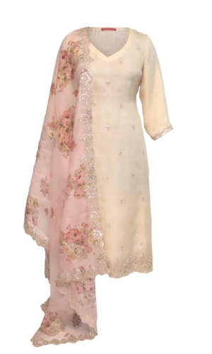 Beige Suit With Printed Dupatta