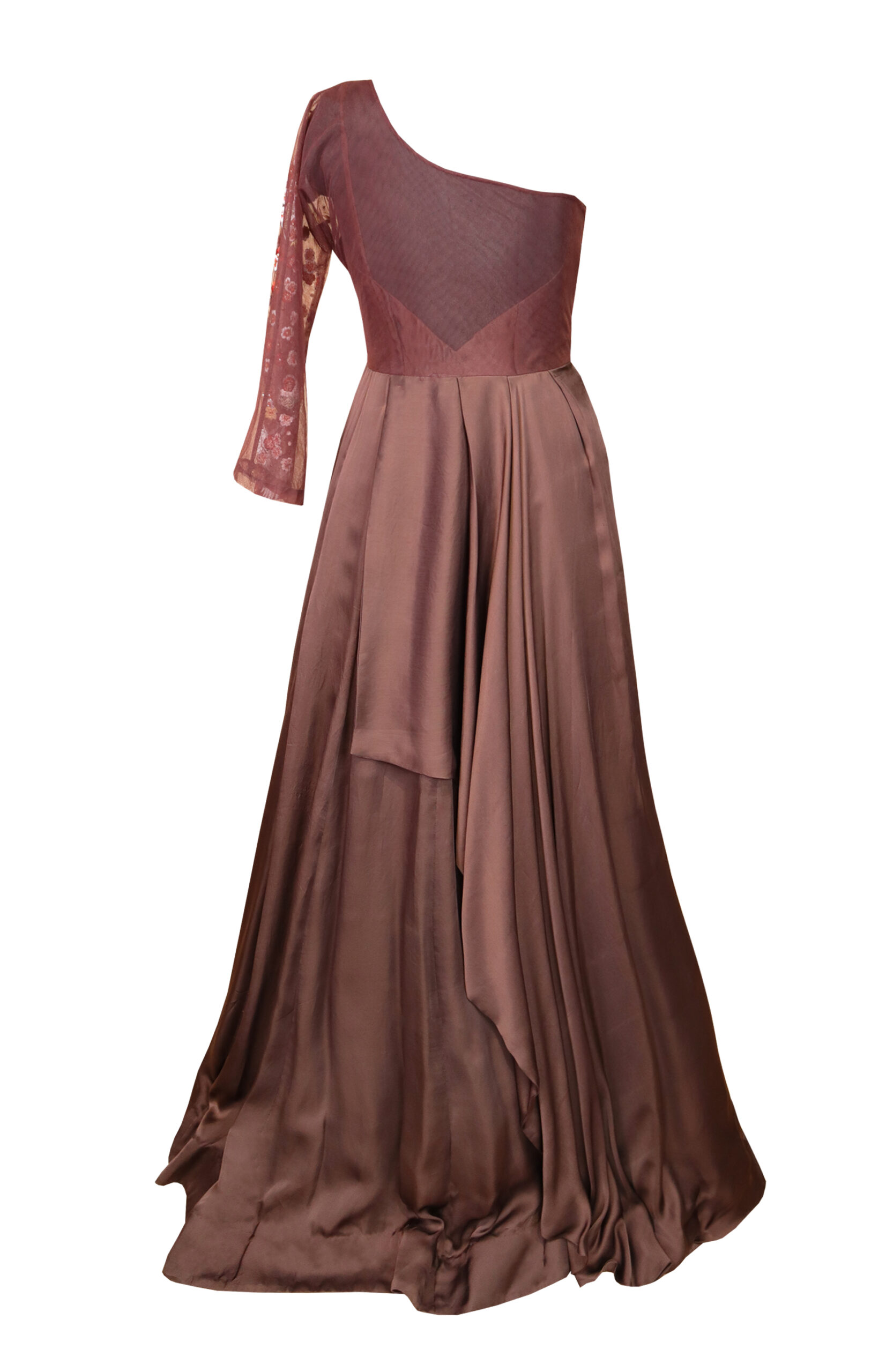 Long brown strapless sweetheart bridesmaid gown.