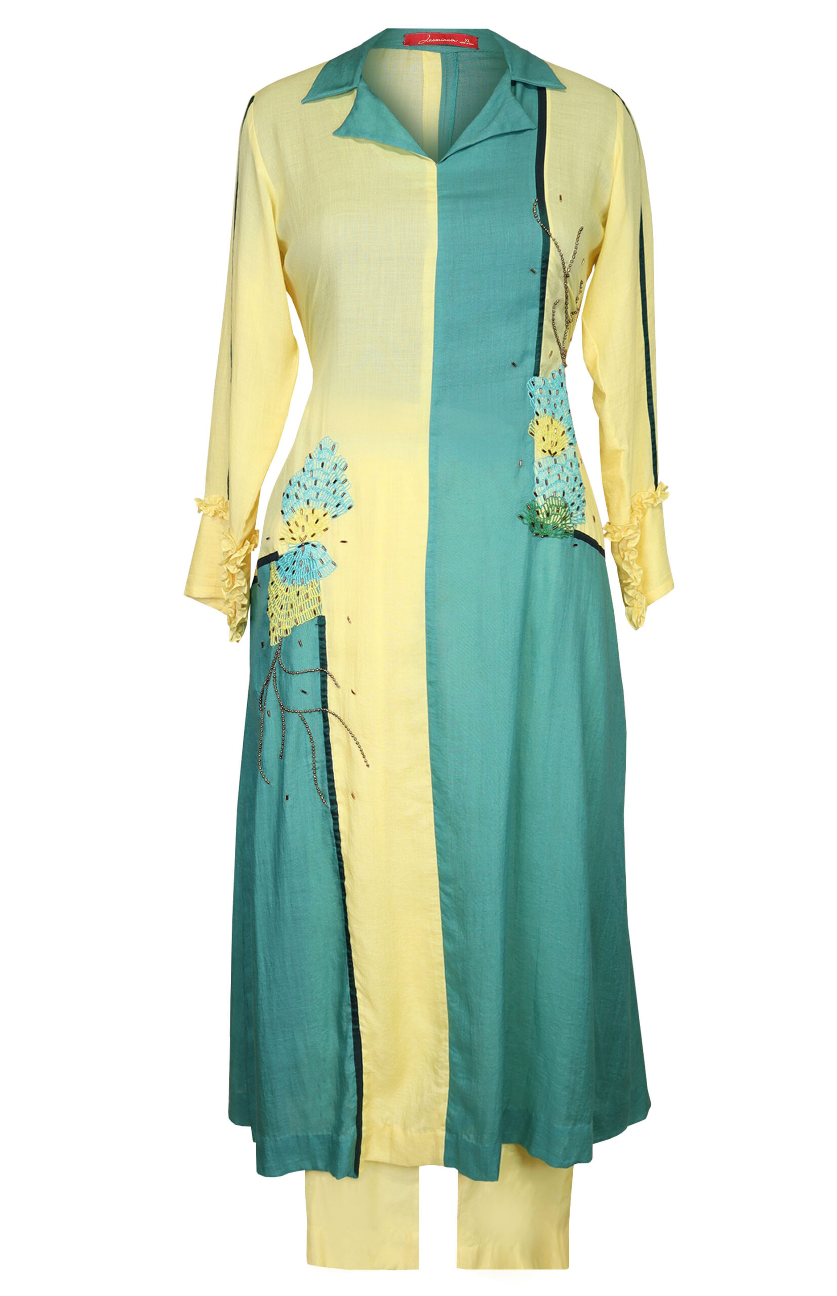 sage-green-and-yellow-colour-block-kurta-set-jasminum