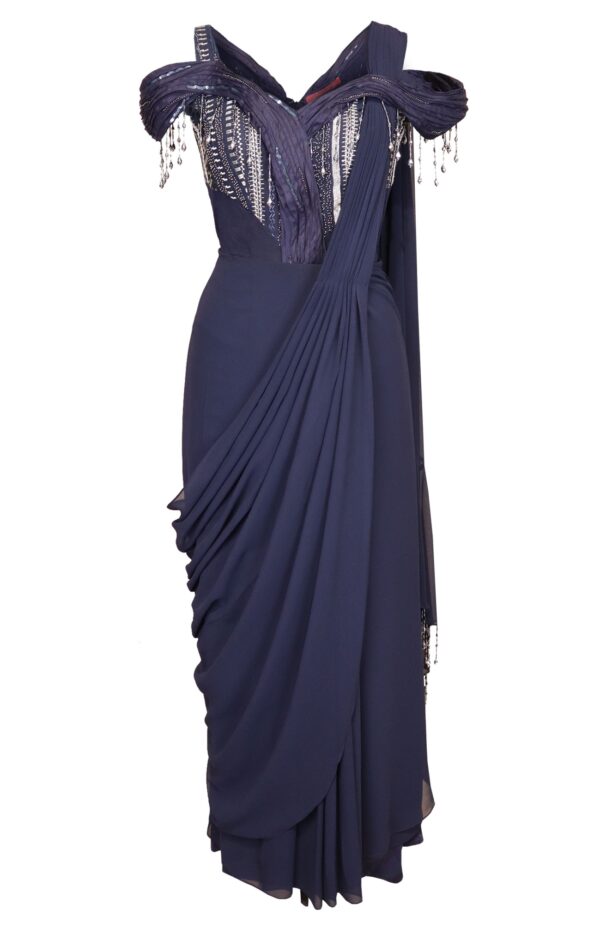 Eavan Teal Blue Self Design Draped Saree Gown | eavan