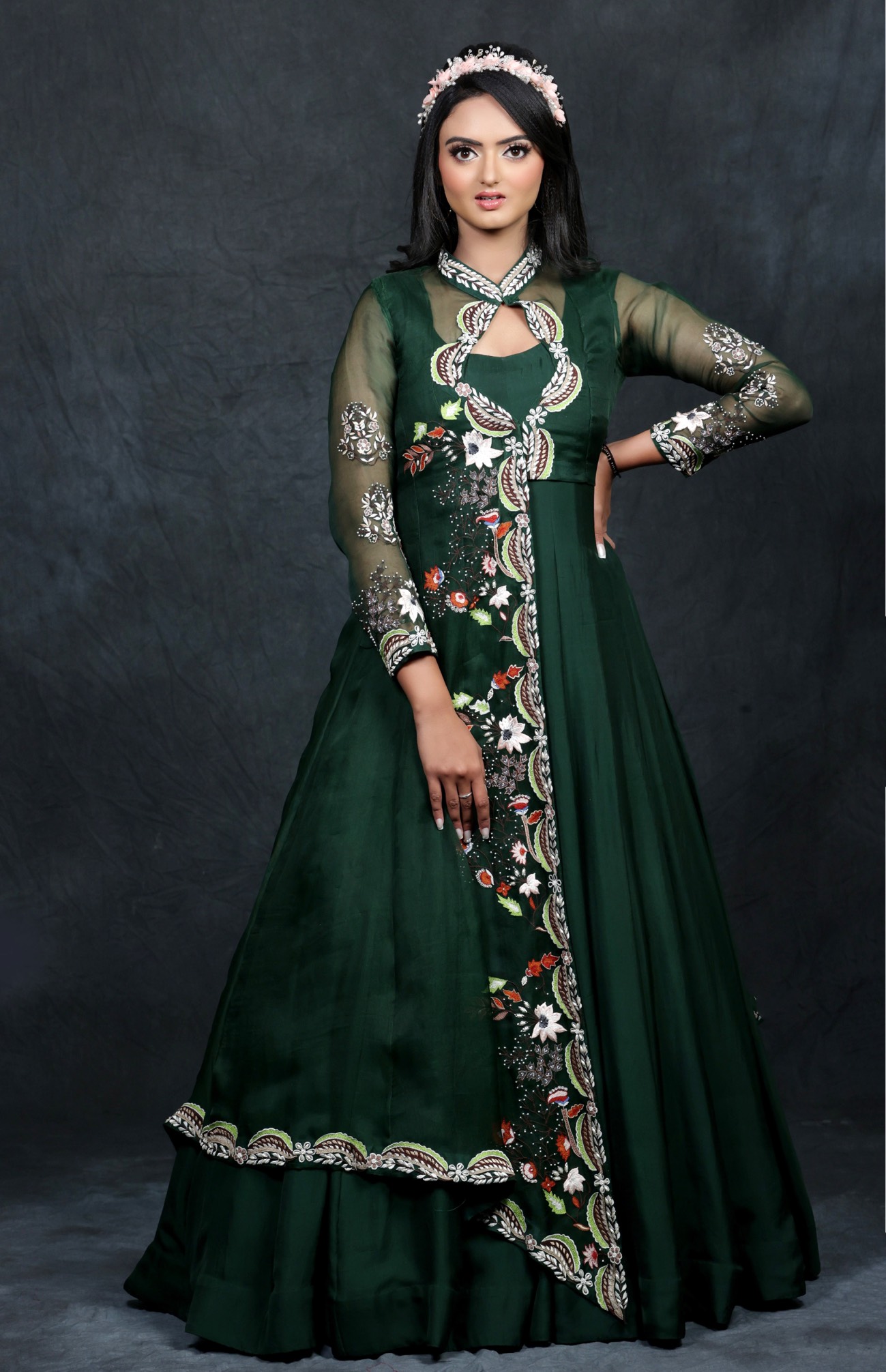Pleasant Satin Bottle Green Gown for Eid WJ025210